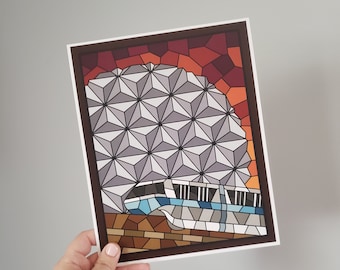 Epcot Themed Stained Glass Window Print | 8x10 Spaceship Earth Themed Print | Monorail Stained Glass Print