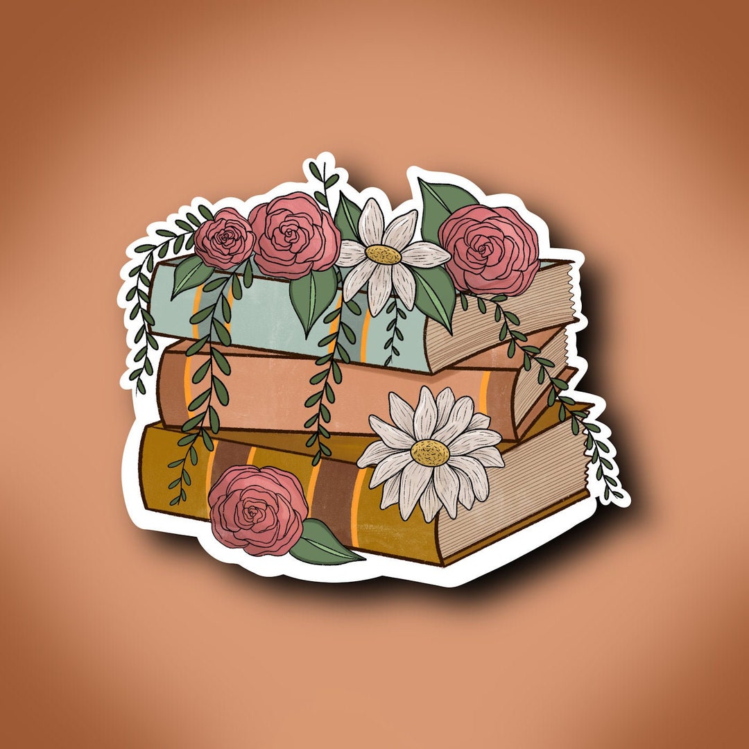 Floral Book Pile Sticker | Flowers on Books Sticker | Die-cut Stickers ...