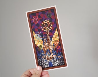 Cinderella&#39;s Castle Themed Stained Glass Window Mini Print | 4x8 inch Magical Firework Castle Colorful Stained Glass Mini Print