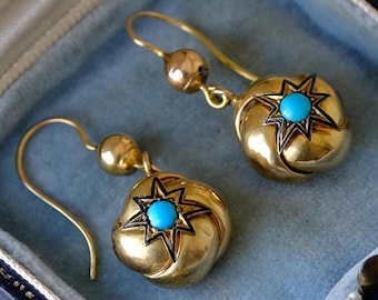Antique Victorian Gold & Enamel Star Knot Earrings with Turquoise Stones