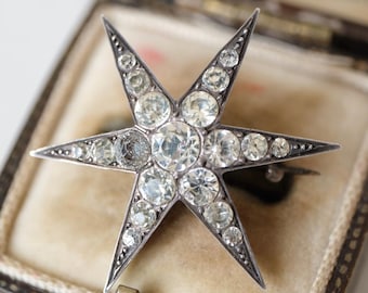 Broche de estrela vitoriano em pasta de prata, alfinete antigo de oito pontas brilhante.