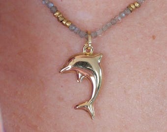 9ct Gold Dolphin Charm Pendant, Novelty Animal Charm with New Gold-Plated Silver Chain