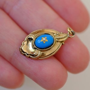 Antique Victorian 14ct Gold Turquoise Enamel Charm Pendant with New Gold-Plated Silver Chain