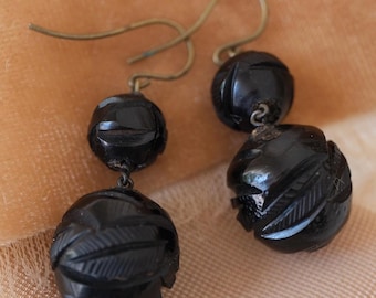 Antique Victorian Carved Jet Earrings, Hand-Carved Gothic Beads