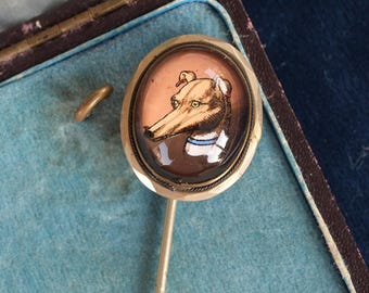 Antique Reverse Painted Intaglio Greyhound Stick Pin, Hand Painted Crystal Dog Portrait c.1910, Edwardian Hunting Jewelry