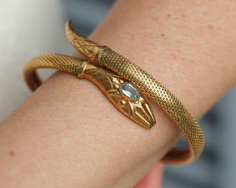 Vintage Rolled Gold Snake Bangle, Paste Stone Serpent Bracelet