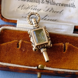 Antique Victorian Gold Watch Key with Agate & Green Stone, with New Gold-Plated Silver Chain