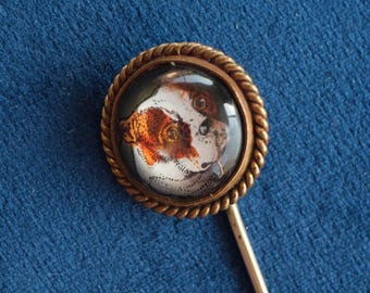 Antique Reverse Painted Intaglio Spaniel Stick Pin, English Dog Portrait c.1880