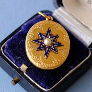 Antique Victorian 18ct Gold Enamel & Pearl Star Pendant with New Gold-Plated Silver Chain