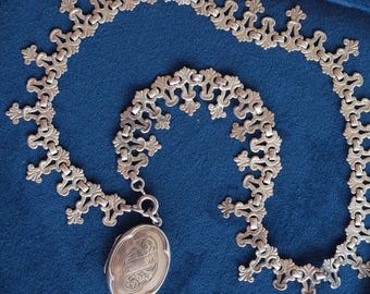 Vintage Sterling Silver Fleur-de-Lis Book Chain Necklace with Silver Locket