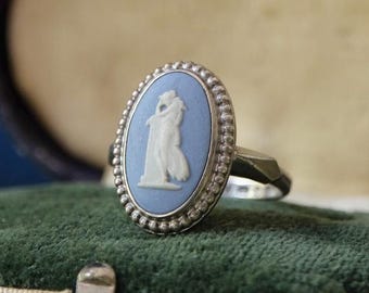 Vintage Wedgwood Sterling Silber Cameo Ring Blau Jaspis (c. 1972/1973 - London / Maker JW)