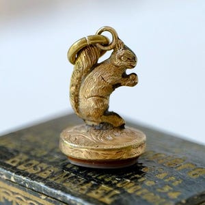 Antique Gold-Cased Squirrel Seal Fob with Banded Agate, on Gold-Plated Silver Chain
