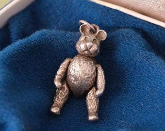 Vintage Silver Articulated Teddy Bear Charm, Heavy Moving Bear Pendant