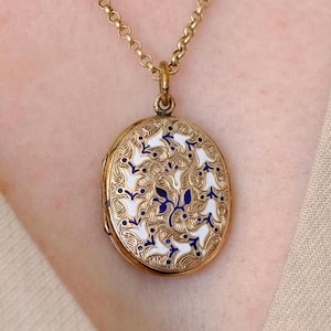 Antique Edwardian 9ct B/F Gold Blue & White Enamel Locket with New Gold-Plated Silver Chain