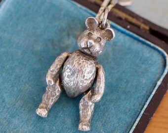 Vintage Silver Articulated Teddy Bear Charm, Heavy Moving Bear Pendant