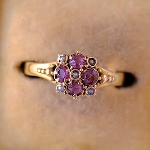 Antique Early Victorian (c. 1853) 22ct Yellow Gold Ruby and Pearl Cluster Ring, Wedding Ring, Engagement Ring