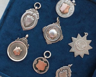 Antique British Sterling Silver Medal Pendant | Engravable Shield Charm | Edwardian Watch Fob Pendant | Choose Your Pendant