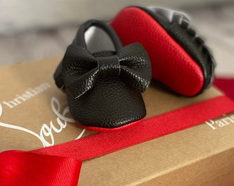 HIGH QUALITY baby bow red bottom, newborn red bottom moccasins, baby girl red bottoms, girl moccasins, black red bottom moccasin, baby gift