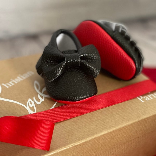 HIGH QUALITY baby bow red bottom, newborn red bottom moccasins, baby girl red bottoms, girl moccasins, black red bottom moccasin, baby gift