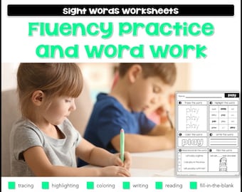 Puede incluir: Una hoja de trabajo para practicar palabras de vista con la palabra "play" escrita de diferentes maneras. La hoja de trabajo incluye actividades como trazar, resaltar, colorear, escribir, leer y completar los espacios en blanco. La hoja de trabajo es parte de un conjunto de 40 palabras de vista pre-primarias Dolch.