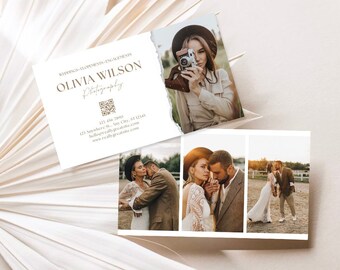 May include: A business card for Olivia Wilson Photography, featuring a torn edge design. The card includes a QR code, contact information, and the text "Weddings - Elopements - Engagements". The card is displayed on a beige background with a palm leaf.
