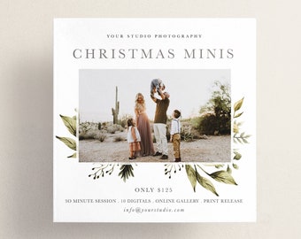 May include: A white card with green floral borders and a photo of a family of four in a desert setting. The text on the card reads "YOUR STUDIO PHOTOGRAPHY CHRISTMAS MINIS ONLY $125 30 MINUTE SESSION 10 DIGITALS ONLINE GALLERY PRINT RELEASE info@yourstudio.com"