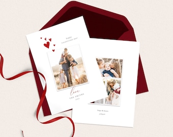 May include: A white card with a red heart design and the text "Happy Valentine's Day". The card features a family photo with four people, including two children. The text "Love, The Smiths 2023" is printed below the photo. The card is in a red envelope.