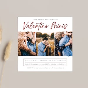Può includere: Un volantino bianco con testo rosso che dice "Valentine Minis" e presenta tre foto di coppie in un campo. Il volantino include anche il testo "150 € - sessione di 30 minuti - 10 immagini digitali" e "Galleria online e sessione di ordinazione di persona".