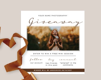 May include: A white card with brown text announcing a photography giveaway. The card features a photo of a young girl smiling and holding a flower. The text reads "Giveaway" and "Enter to win a free mini session". The card also includes instructions on how to enter the giveaway, including following the photographer's account, tagging two friends in the post, and commenting "entered" in the comments. The winner will be announced on 08/14/2021.