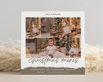 May include: A white card with a brown border announcing Christmas mini photo sessions. The card features four photos of a young child in a white dress, sitting on a rocking horse and playing with Christmas decorations. The text on the card reads "NOW BOOKING", "Christmas minis", "30 minute sessions - $150", "10 edited images - Print Release", "614.9980", and "HELLOYOURNAMEPHOTO.COM".