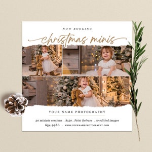Peut inclure: Une affiche annonçant des séances photo miniatures de Noël. L'affiche présente trois photos d'un enfant en robe blanche, posant dans un décor de Noël. Le texte sur l'affiche indique "NOW BOOKING Christmas minis YOUR NAME PHOTOGRAPHY 30 minute sessions - 150 €. Print Release - 10 edited images 654.9980 www.YOURNAMEPHOTOGRAPHY.COM"