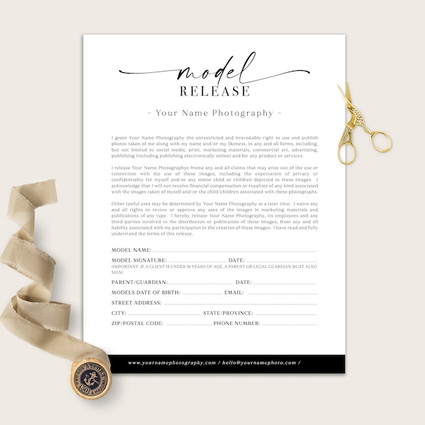 Model Release Form Template, Photography PHOTOSHOP Template for Photographers, Photography Contract, Model release template