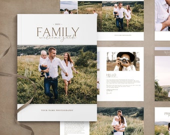 May include: A white welcome guide for family photography sessions. The cover features a family of three walking in a field. The guide includes information about what to wear, pricing, and a welcome message.