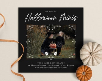 May include: Black and white Halloween photography flyer with a photo of two children dressed in costumes. The flyer says "Now Booking Halloween Minis" and includes the photographer's name, website, and phone number.