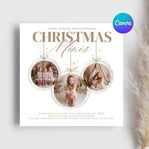 May include: A square advertisement with the text "CHRISTMAS Minis" in gold lettering. The ad features three circular photo frames with images of children. The ad includes the text "YOUR STUDIO PHOTOGRAPHY" and contact information.