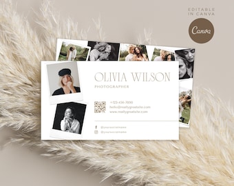 May include: A business card for Olivia Wilson, a photographer. The card features a collage of photos of couples and a QR code. The card includes contact information, a website address, and social media handles.