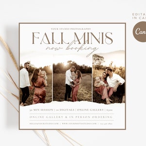 May include: A fall mini photography session announcement with a brown background and text that reads "Fall Minis now booking". The announcement includes three photos of families in a field with a sunset in the background. The text also includes the details of the session: 30-minute session, 10 digital images, online gallery, and $300.