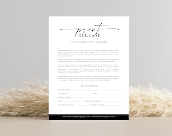 Print Release, Print release form for photography, PHOTOSHOP TEMPLATE, Photographer Print Release template, Print release Form