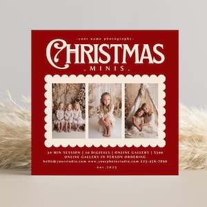 Può includere: Annuncio rosso per mini sessioni natalizie con tre esempi di foto. Il testo "CHRISTMAS MINIS" è in scrittura bianca. L'annuncio include informazioni di contatto e una data di novembre 2025.