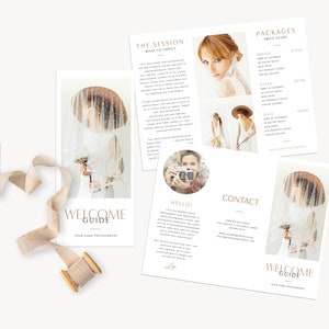 May include: A welcome guide for a photography business. The guide includes information about the photographer's services, packages, and contact information. The guide also features images of the photographer's work.