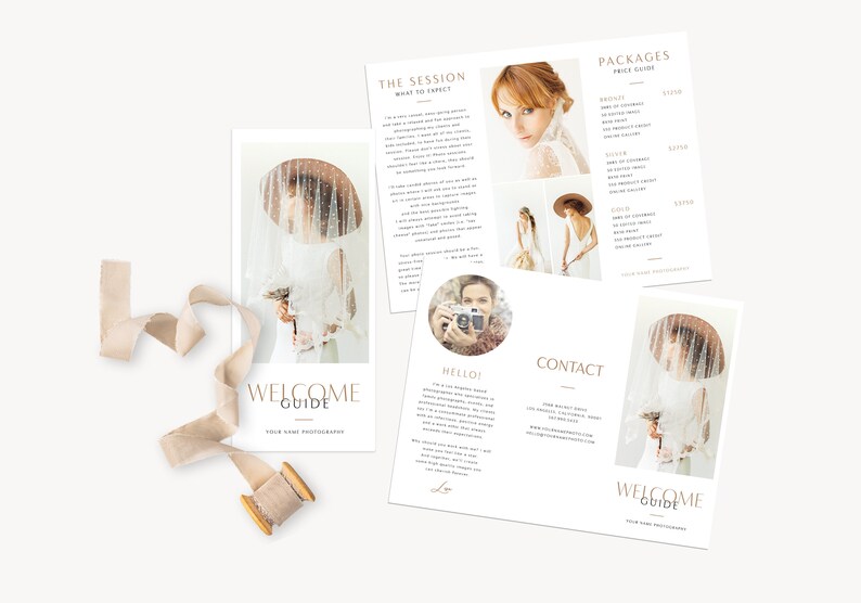 May include: A welcome guide for a photography business. The guide includes information about the photographer's services, packages, and contact information. The guide also features images of the photographer's work.