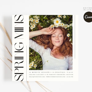 May include: A promotional flyer for a photography session with the text "SPRING MINS" in bold black letters. The flyer includes a photo of a woman with red hair lying in a field of daisies. The text below the photo reads "30 MINUTE SESSION • 10 DIGITALS • £125 ONLINE GALLERY & IN PERSON ORDERING SESSION HELLO YOURSTUIHO.COM | WWW.YOURPHOTOSTUDIO.COM | 123-456-7890".