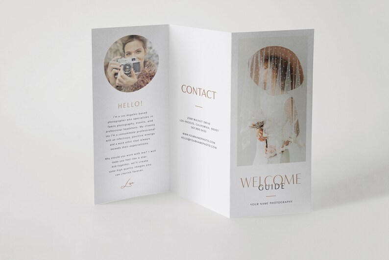 May include: A tri-fold brochure with a white background and gold accents. The front panel features a photo of a woman holding a camera. The middle panel has the word "CONTACT" and contact information. The back panel has a photo of a woman in a white dress and veil. The text "WELCOME GUIDE" is in gold lettering.