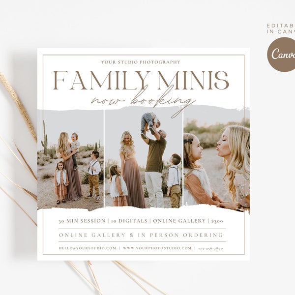 Family Mini session template, Photography marketing, Family mini sessions template, Photographer marketing board, CANVA Template