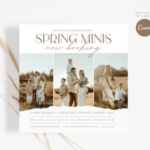 Pode incluir: Um folheto promocional para sess&otilde;es de fotografia mini da primavera. O folheto apresenta tr&ecirc;s fotos de fam&iacute;lias em um campo, com o texto "SPRING MINIS now booking" em uma fonte marrom. O folheto tamb&eacute;m inclui detalhes sobre a sess&atilde;o, incluindo a dura&ccedil;&atilde;o, a quantidade de imagens digitais inclu&iacute;das e o pre&ccedil;o.