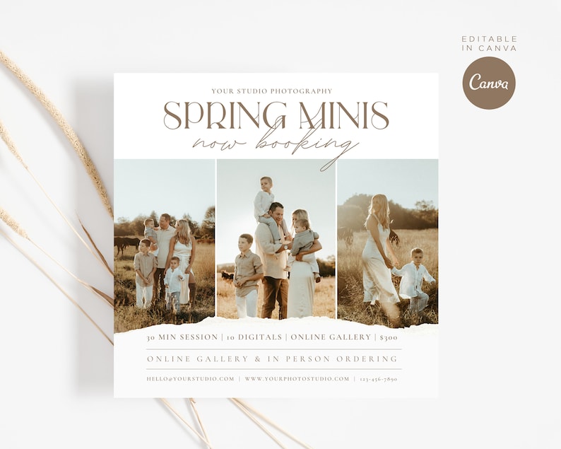 Pode incluir: Um folheto promocional para sess&otilde;es de fotografia mini da primavera. O folheto apresenta tr&ecirc;s fotos de fam&iacute;lias em um campo, com o texto "SPRING MINIS now booking" em uma fonte marrom. O folheto tamb&eacute;m inclui detalhes sobre a sess&atilde;o, incluindo a dura&ccedil;&atilde;o, a quantidade de imagens digitais inclu&iacute;das e o pre&ccedil;o.