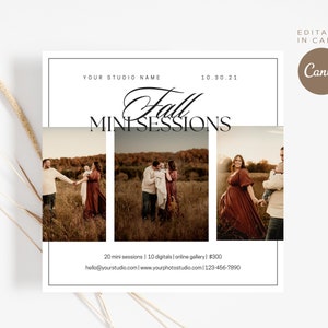 May include: Fall mini photo sessions announcement with a date of 10.30.21. The announcement includes three photos of families in a field with autumn foliage. The text reads "Fall Mini Sessions" and includes contact information for the studio.