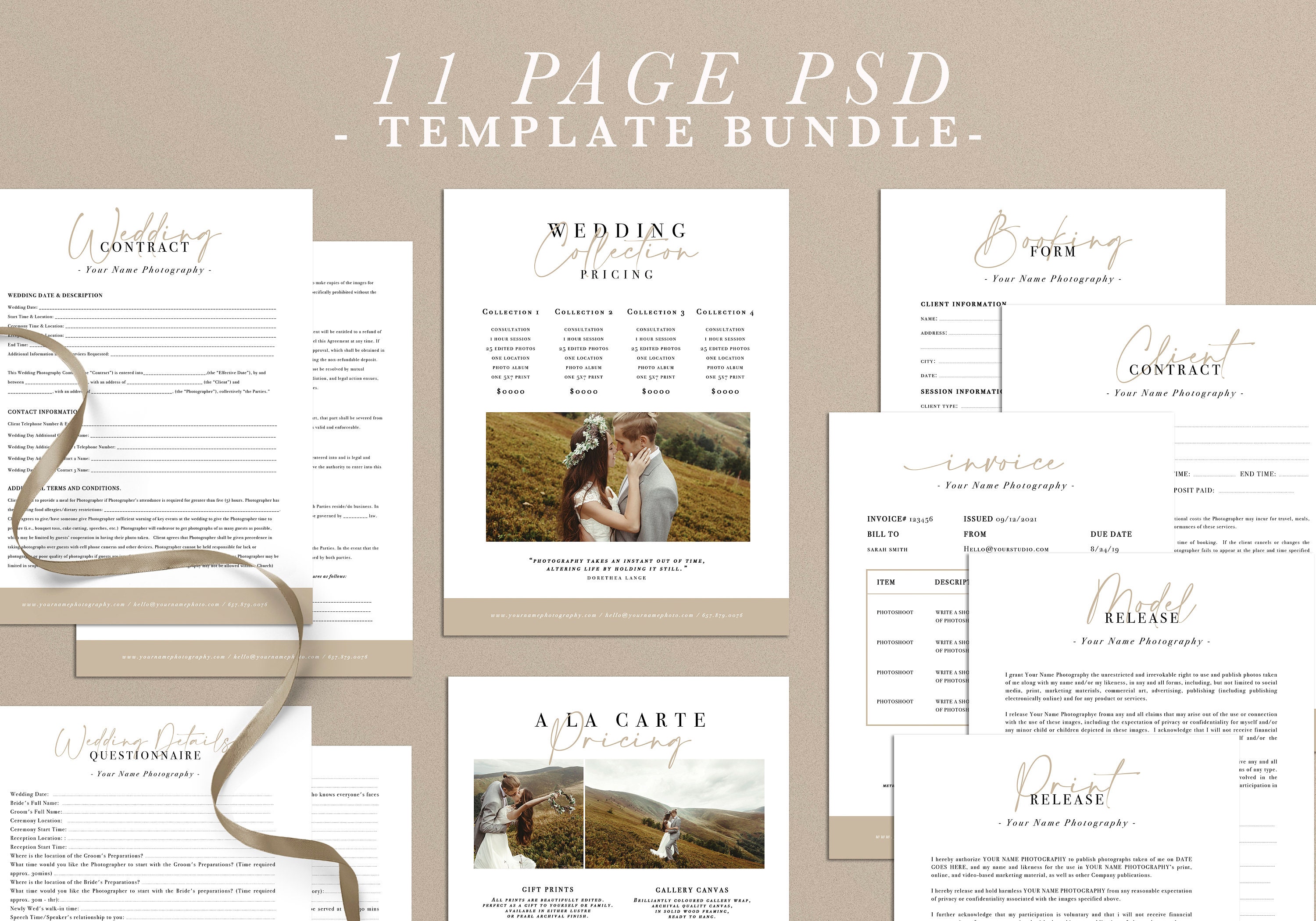 Photography Forms Template Set Wedding Contract Bundle Photoshop & PDF Templates 11 Page Wedding Photography Business Forms Bundle