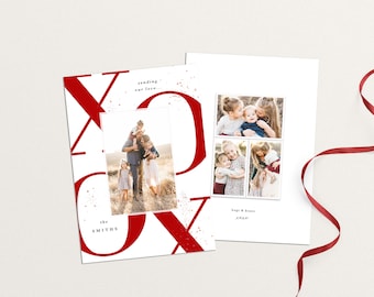 May include: A Christmas card with a red and white design featuring the word "XO" in large red letters. The card includes a family photo of a couple and their three children. The text "sending our love... the Smiths" is printed on the card. The back of the card features a collage of three photos of the children.