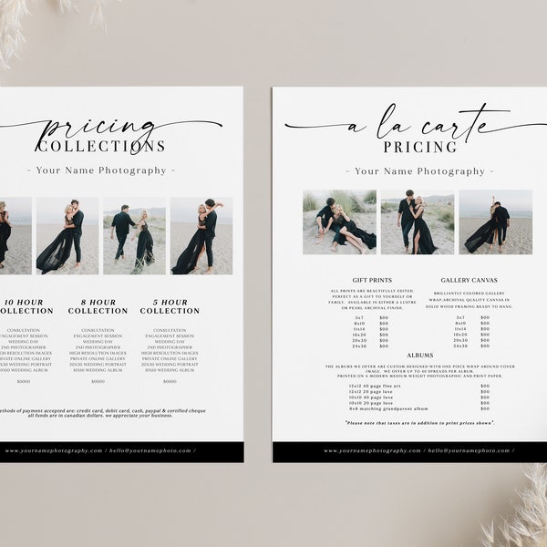 2 Page Photography Pricing Template, Photoshop Price Guide List for Photographers, Photo Price List, PHOTOSHOP TEMPLATE